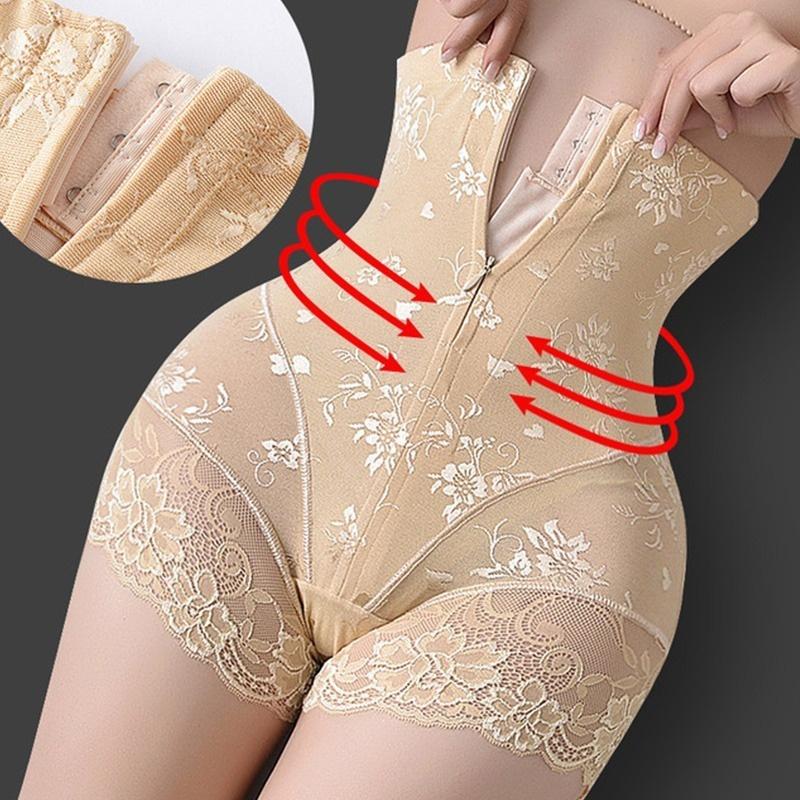 Shaper Höschen Sexy Spitze Shapers Body Shaper mit Reißverschluss Doppelte Steuer Höschen Frauen Shapewear Sexy Spitze Taille Trainer M beige
