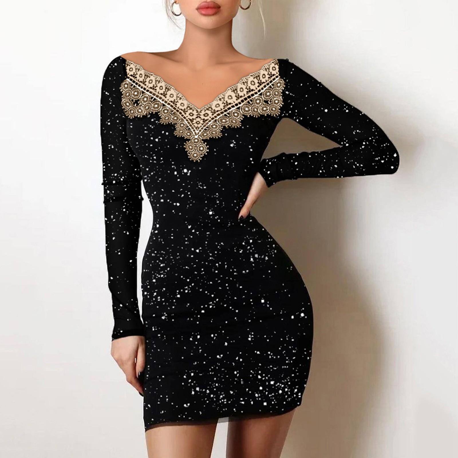 Sexy Party-Nacht-Out-Kleider für Damen, Herbst, einfarbig, schwarz, schulterfrei, langärmelig, kontrastierende Spitze, glitzernd, figurbetontes Minikleid XL