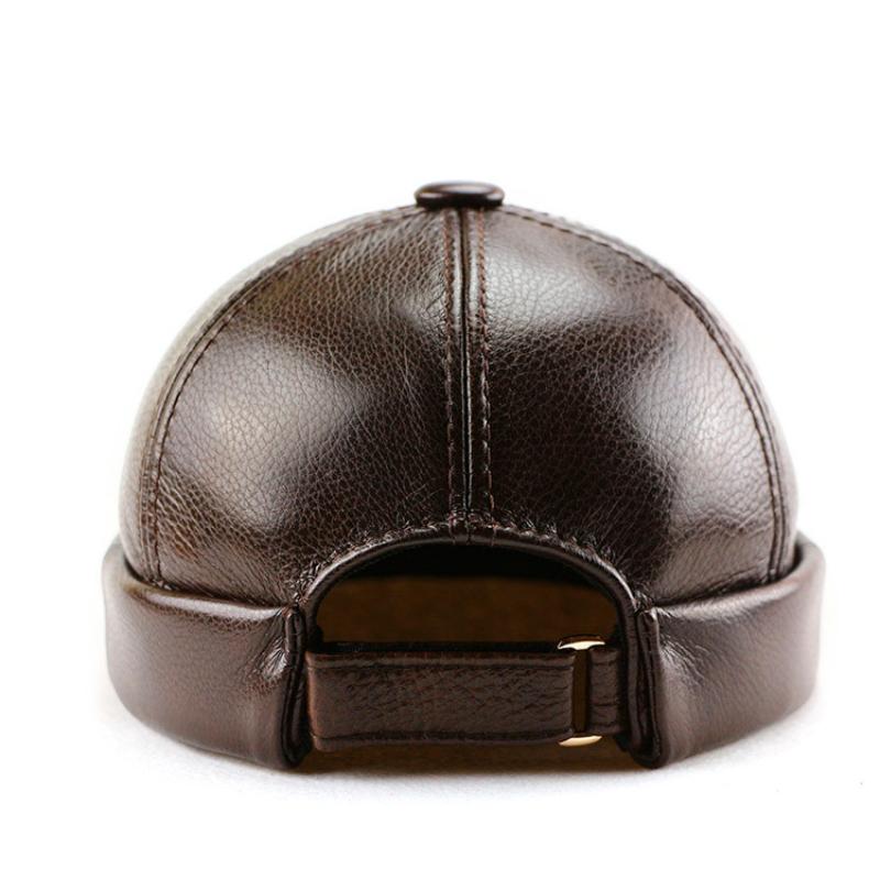 Herren-Schädelmütze aus echtem Leder, Matrosenmütze, Mütze, gerollte Manschette, Retro-Mütze aus echtem Leder ohne Krempe L(55-57cm) braun