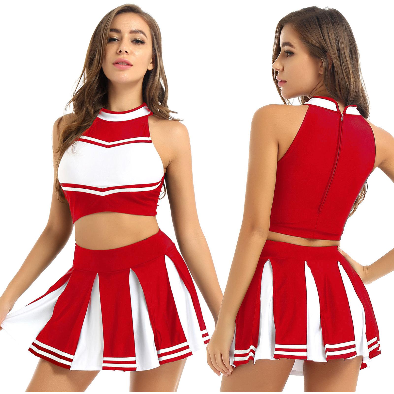 Ärmelloses Crop-Top für Damen mit Mini-Faltenrock, Cheerleading-Kostüm, Uniform-Outfit S rot