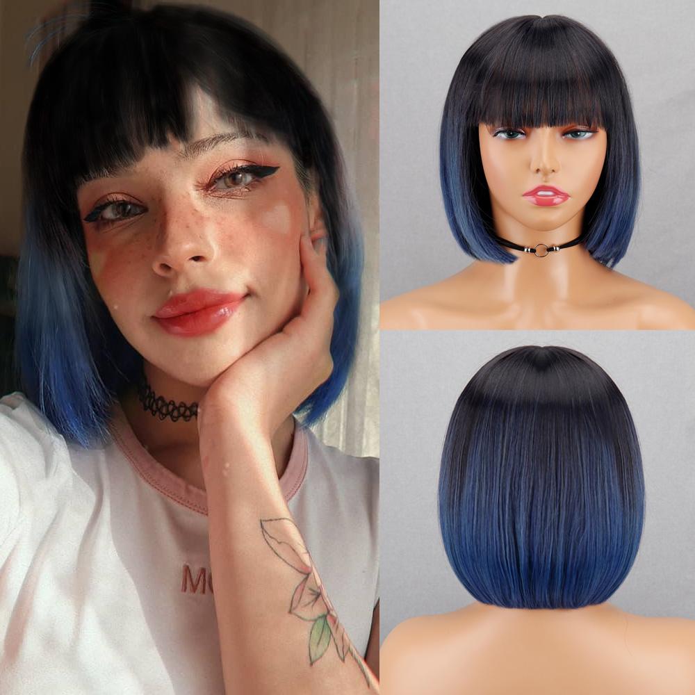MISS WIG Synthetische 12-Zoll Schwarze Bob-Perücke mit Pony-Extensions Natürliches Aussehen Für Elegante Frauen Freizeitkleidung 25cm