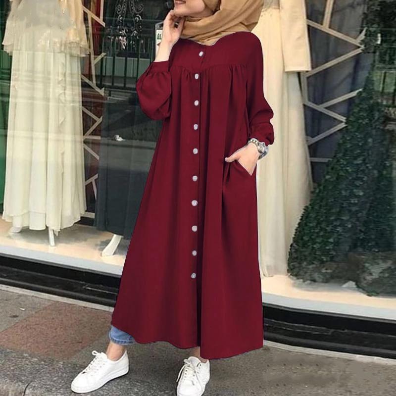 Muslimische Kleidung Frauen Kleider Einfarbig Langarm-shirt Kleid Casual Tasche Robe Musulman Dubai Muslimischen Kaftan Muslimischen Kleider L rot