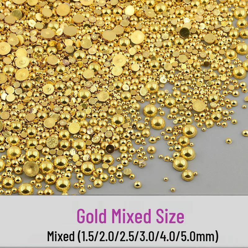 Gemischte Mini Nail Art Perlen: Dekoratives Perlen-Accessoire mit flacher Unterseite in Gold und Silber für die halbe Fläche zum Selbermachen der Nägel Gold Mix Size - 1,000 pieces