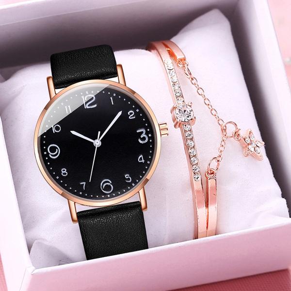 Luxuriöse Damen-Armbanduhren-Set, schlichte Damen-Armbanduhr mit Strasssteinen, modische, elegante Lederarmband-Quarz-Armbanduhr, Geburtstagsgeschenk für Frauen schwarz