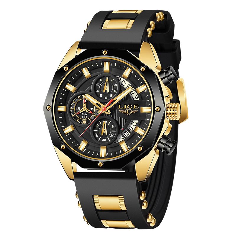 LIGE Neue Uhr Männer Luxus Marke Große Zifferblatt Uhren Männer Wasserdicht Quarz Armbanduhr Sport Chronograph Uhr schwarz/gold