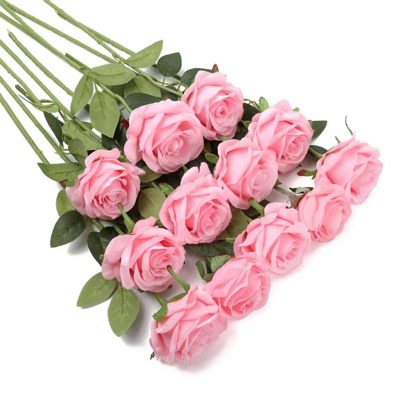 12 Stück große künstliche Seidenrosen, künstliche Blumen mit langem Stiel, künstliche Rosen, lebensechte Blumen für Hochzeit, Zuhause, Party, Tischdekoration rosa