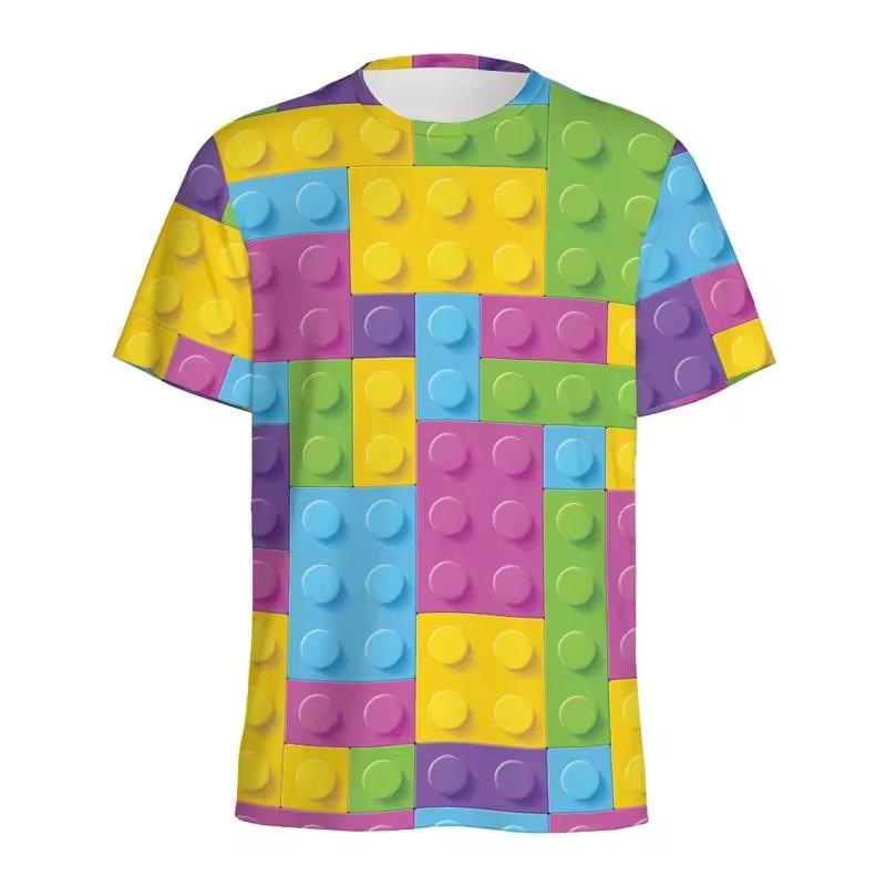 Retro-Baustein-T-Shirt mit 3D-Druck, Puzzle, Videospiele-Muster, lockere Straße, kurze Ärmel, Y2k-T-Shirts XXL yellow