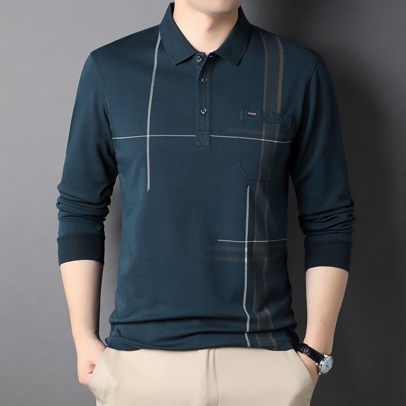 Frühling und Herbst Neue gestreifte Revers Herren-T-Shirts für junge und mittelalte Männer Modische lässige Unterhemden Langarm-T-Shirts XXXL