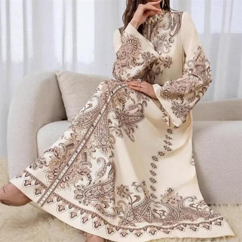 Damen Blumen Paisley Muster Maxikleid Langarm Hoher Hals Locker Abaya Elegant Lässig Langes Kleid Islamisch Bescheiden Kaftan M weiß