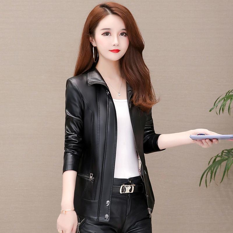 Damen Schaffell Lederjacke Herbst und Winter Kurze Lederjacke Schlanke große Motorradjacke Schaffellmäntel XXXL schwarz