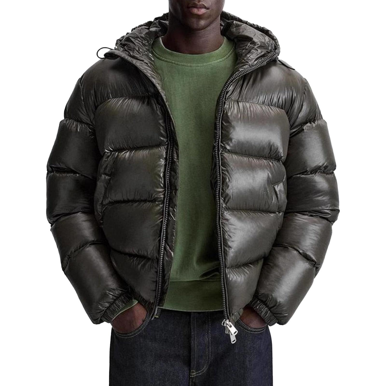 Herren Casual einfarbige langärmlige Kapuzenjacke mit Baumwollfüllung, Herren verdickte warme lockere Taschen Brotjacke Mantel S dunkelgrüne