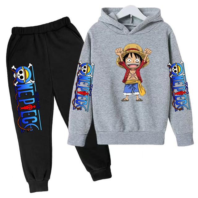 Kinderkleidung Jungen Mädchen Kleinkind Hoodie Piratenkönig Charming Luffy Sweatshirt 3-12 Jahre Top + Hose 2P Süßes Casual Sport Jogging Set 140 gray