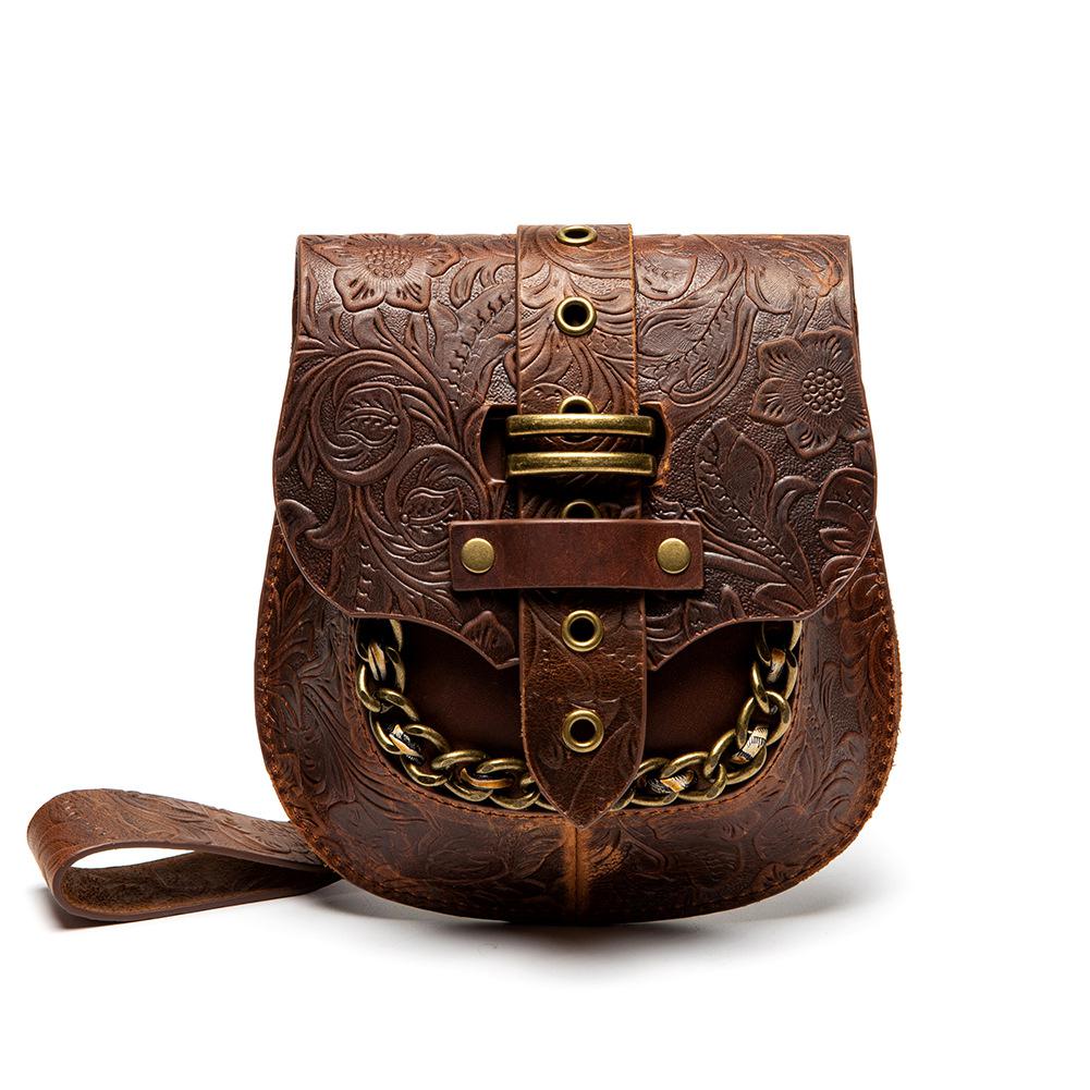 Johnature Steampunk Damen-Minitaschen, echtes Leder, Retro-Damenhandtasche, Rindsleder, geprägte Nieten, Schulter- und Umhängetaschen rotbraun