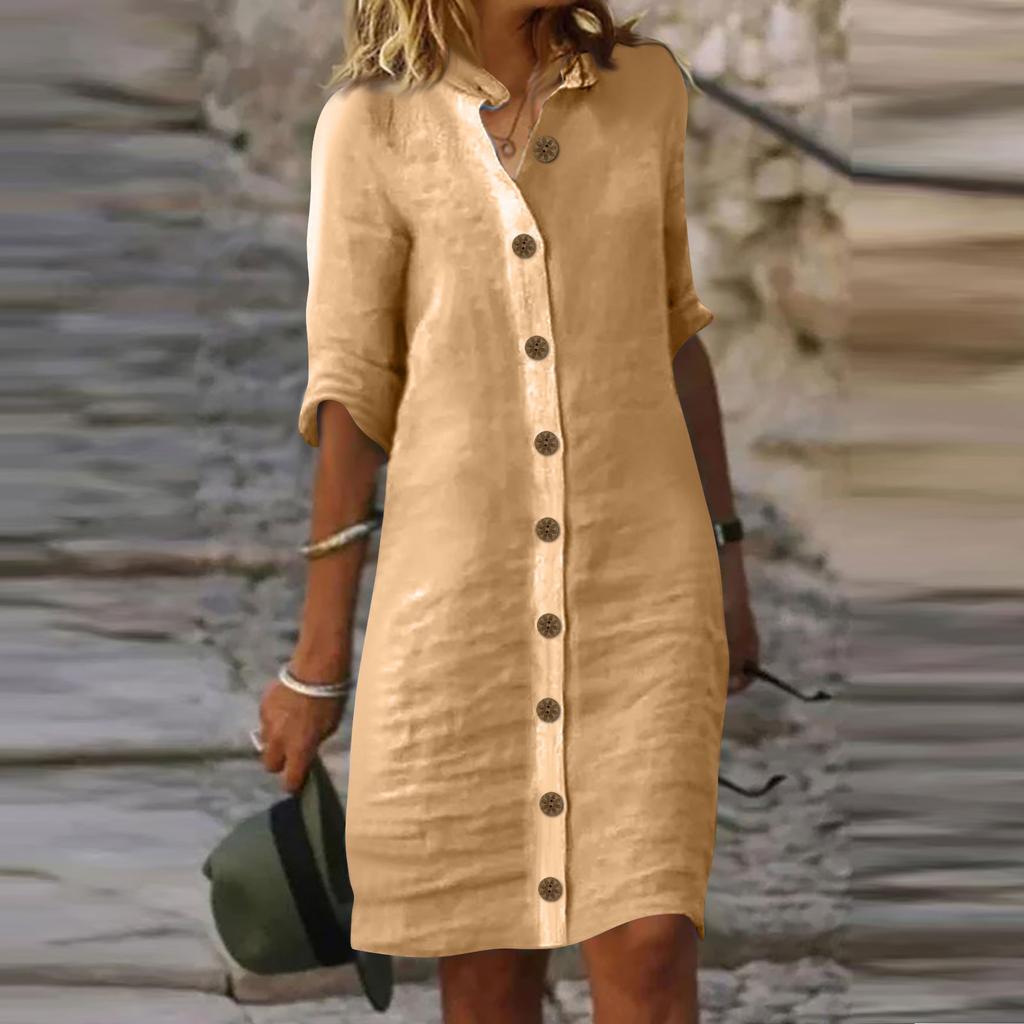 Sommer Baumwolle Leinen Hemd Kleid Frauen Taste Halbe Hülse Casual Mini Kleider Frauen Elegante Lose Strand Party Kleider Vestidos L khaki