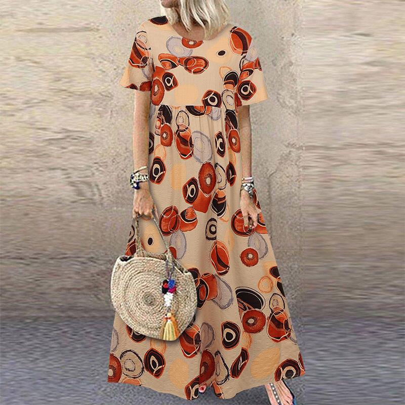 ZANZEA Damen Vintage Print Lässige Sommerkleider mit kurzen Ärmeln und Rundhalsausschnitt L orange