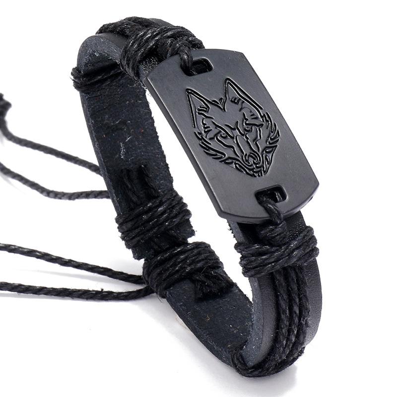 Mode Punk Stil männer Leder Armbänder Armband Schwarz Wolf Kopf Armband Einfache Einfarbig Mehrschichtige Geflochtene Armband schwarz