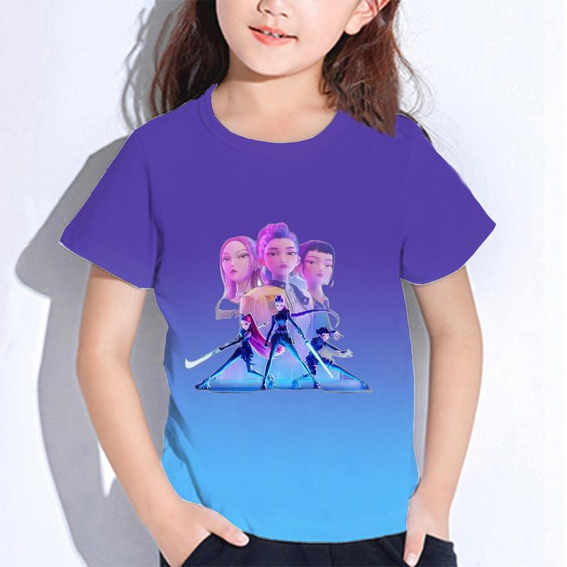 Sommer Huntrix Girl Kpop T-Shirts Kinder Dämonenjäger T-Shirt Zoey Rumi Mira Jungen Mädchen Kurzarm Tops Locker O-Ausschnitt Kinderkleidung 100 aero blau