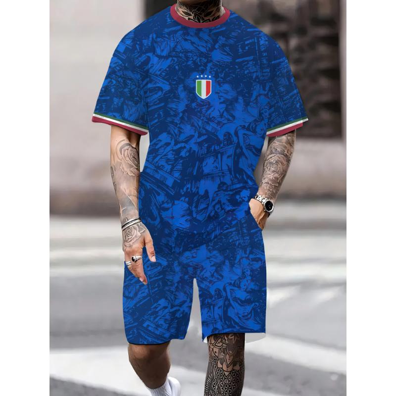 2025 summer new Italian national team football training shirt 3D printed casual quick drying breathable set short sleeved shorts 3XL