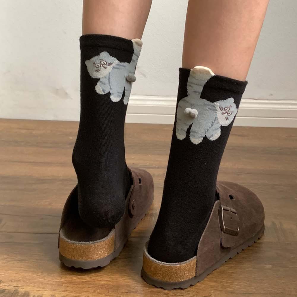 3 Paar Damen Niedliche Katzen Socken Frauen 3D Katzen Socken Ausgefallene Socken Frühling Herbst und Winter 3 Pairs schwarz