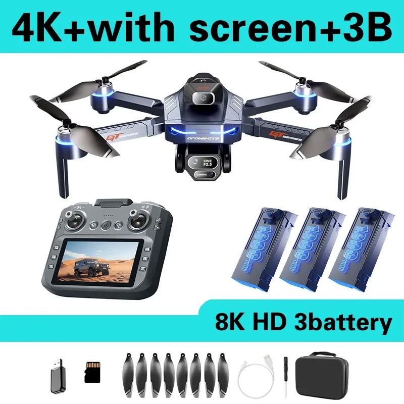 Drohne 8K HD GT8 Kamera Hindernisvermeidung Luftbildfotografie Bürstenlose Drohne mit Bildschirm Faltbarer RC-Drohnen-Quadcopter RTF 4K + 3 batteries