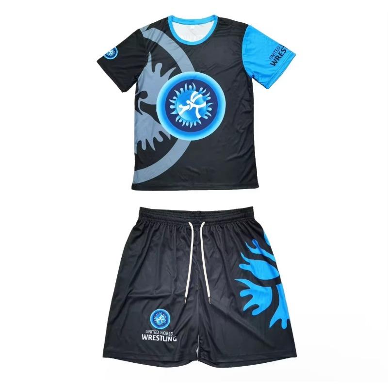 2026 Neues United World Wrestling Sportset für Herren und Kinder, Mehrfarbig, T-Shirt & Shorts, MMA Trainings-Kampfanzug 6XL black