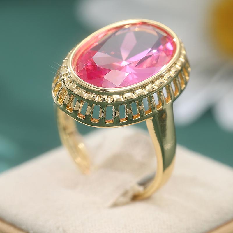Wunderschöner Damenring mit eingelegten rosa Zirkonia, trendige Goldfarbe, Geometrie, täglicher Schmuck, Party-Schmuck, Jubiläumsgeschenk 10