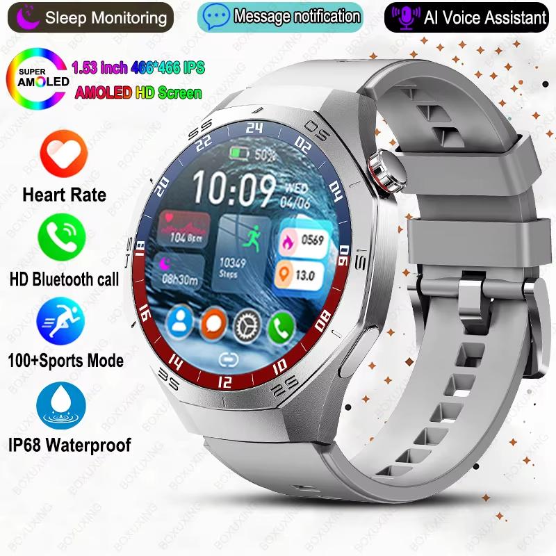 Neue Smartwatch Herren NFC HD AMOLED Bildschirm GPS Bewegungsbahn Herzfrequenz Bluetooth Anruf Sport Smartwatch IP68 Kabelloses Laden Silicone silber