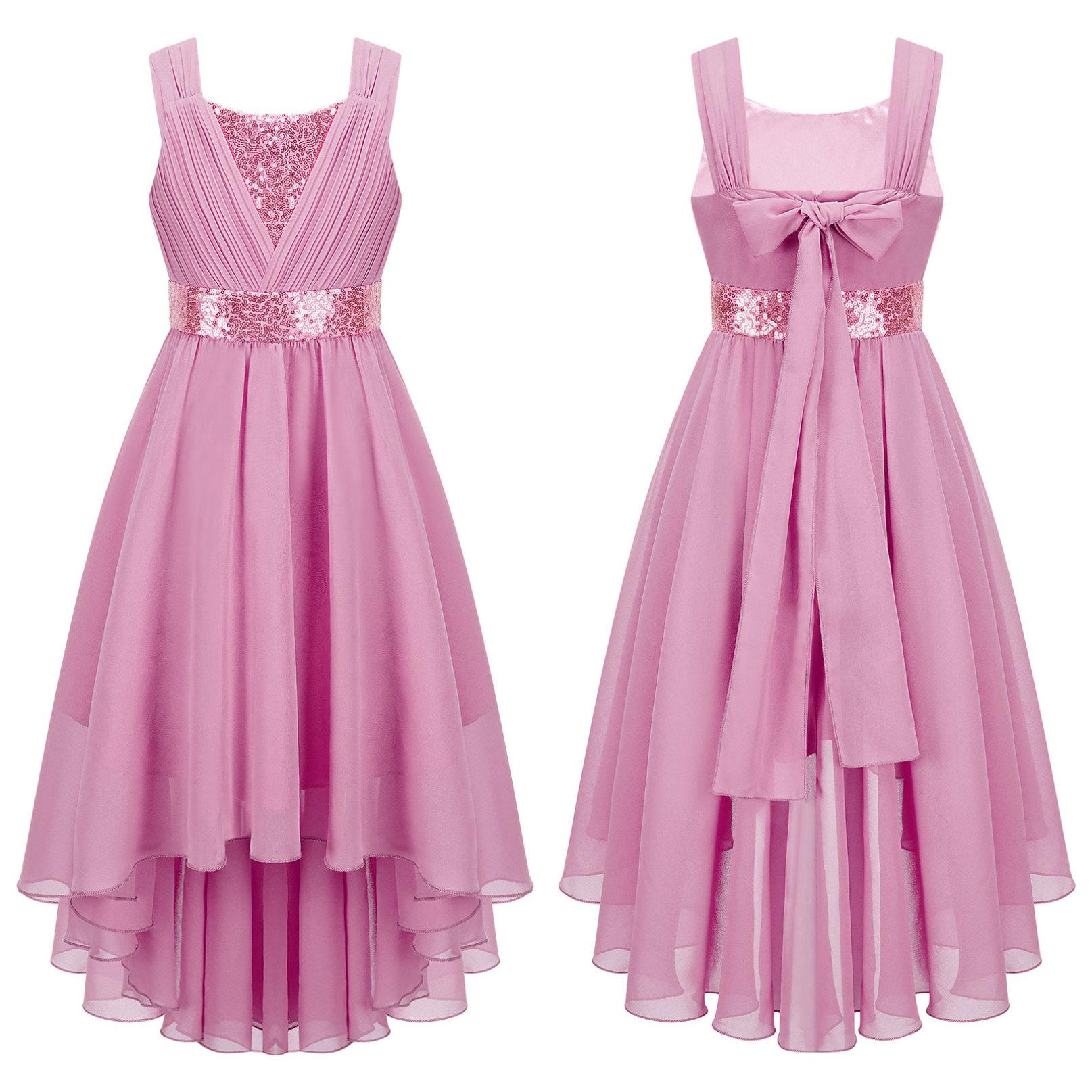Kinder Mädchen Spitze Chiffon Hochzeit Brautjungfer Kleid Ärmelloses Formales Party Abendkleid Kinder Ballkleid 11-12 Years rosa