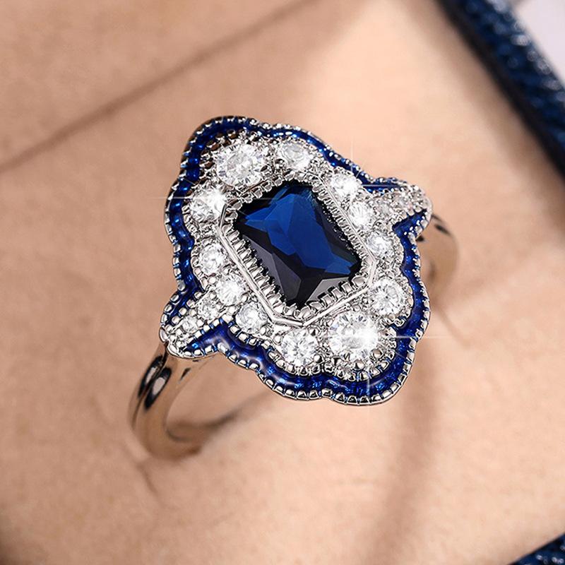 Vintage Großer quadratischer blauer Zirkon CZ Ring für Frauen Silber Hochzeit Verlobungsringe Fingerschmuck 10 blau/silber