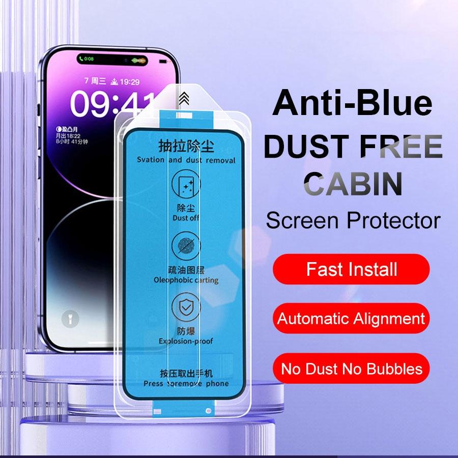 Staubfreie Box Displayschutzfolie für iPhone 16 15 14 13 12 11 Pro Max Anti Blue Ray Panzerglas für IPhone Xs Max XR X Auto-Staubentfernungsset iPhone 13 Pro
