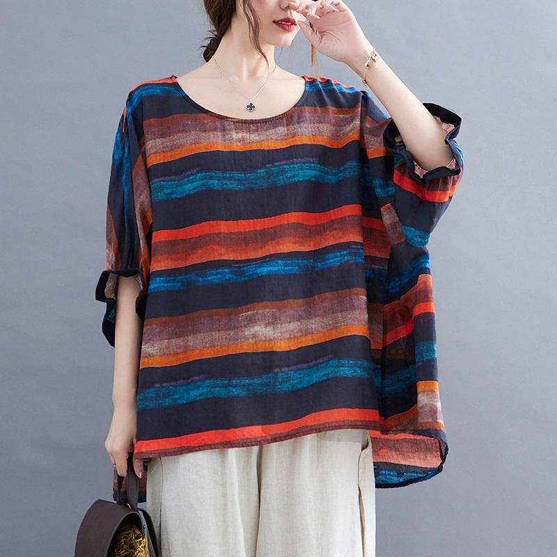 Großes Damen Sommer Kontrast Streifen Druck Batshirt Top Damen Sommer Sonnenschutz Shirt T-Shirt Damen XL orange