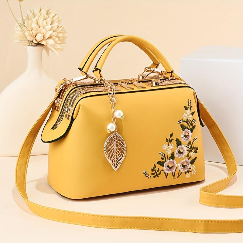 Kleine elegante florale Handtasche Mode Elegante floral bestickte Handtasche für Damen Schulter-Umhängetasche Polyester gefüttert mit Reißverschluss gelb