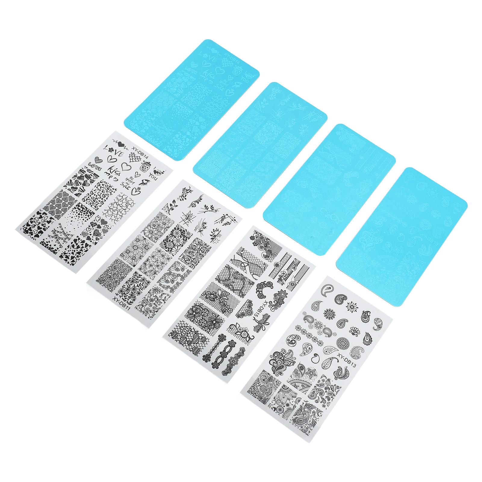 4 Stück Französische Nailart Stampingplatte Nagelstempel Bildplatte Nageldruck Stahlplatte mit