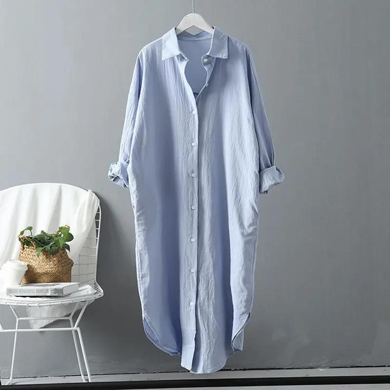 Damen Sonnenschutzhemd Langarm Baumwolle Leinen Midi Kleid Damen Alles Locker Lässig Bequem Knöpfe Kleider für Damen Robe Femme S himmelblaue