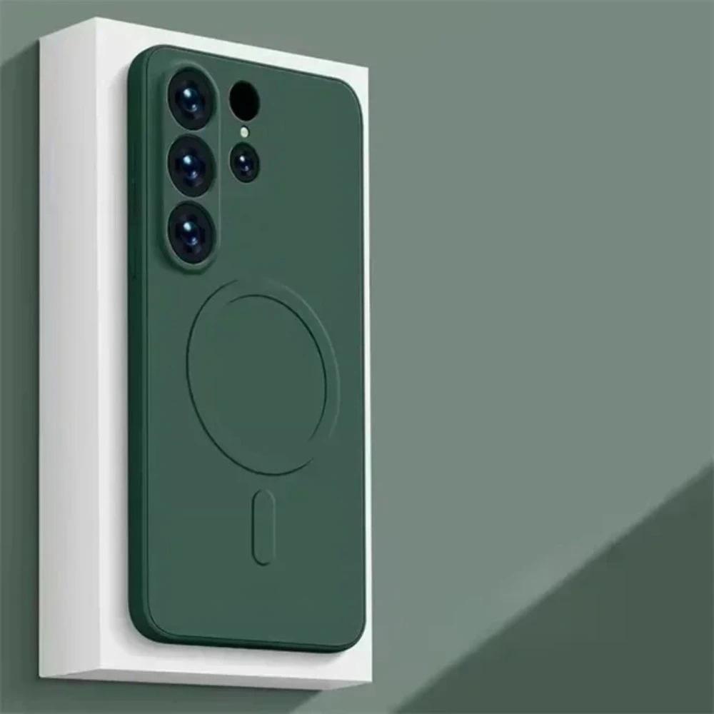 Weiche Flüssigsilikon-Magnet-Hülle für Samsung Galaxy S26 S25 S24 S23 S22 S21 Ultra Plus FE für Magsafe Schutzhülle Galaxy S22+ 5G dunkelgrüne