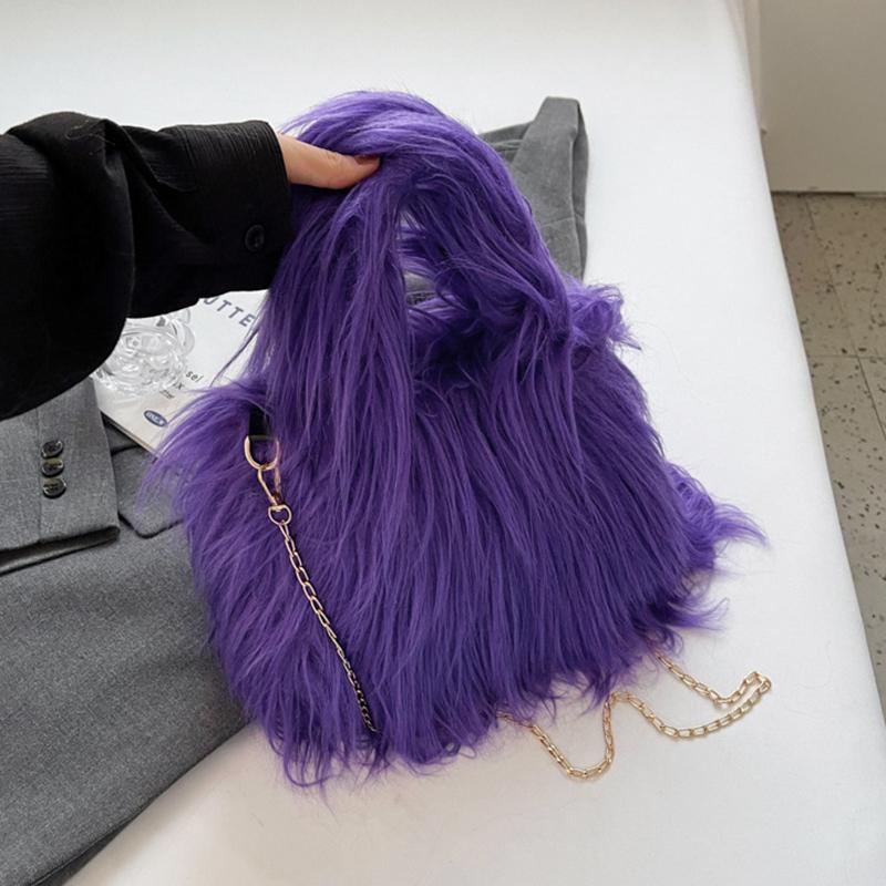 Yogodlns Weiche Plüsch-Damen-Umhängetaschen für den Winter, warm, modisch, Bonbonfarben, Kette, Umhängetasche, Handy-Geldbörse und Handtaschen 25x13x18cm violett