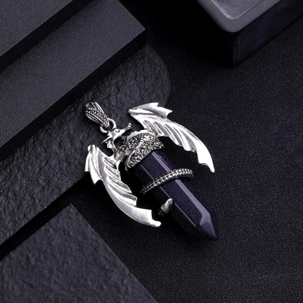 Drachen-Anhänger-Halskette für Männer und Frauen, coole Heilkristall-Amethyst-Halskette, natürliche Rosenquarz-Halskette, westlicher Drachen-Schmuck Blue Sand