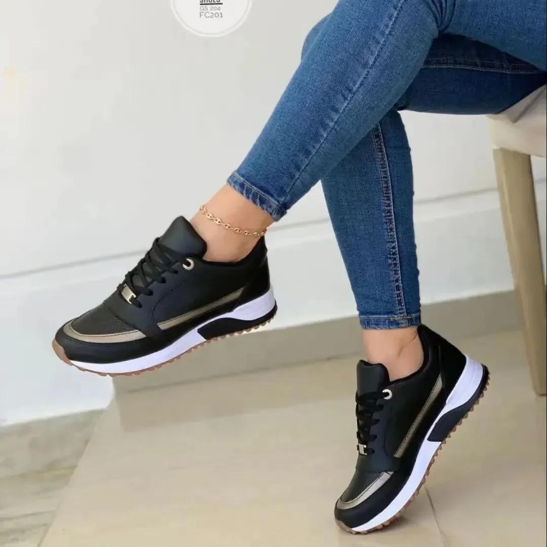 Damen-Sneaker im Angebot, modische flache Plateauschuhe mit runder Spitze, lässige Mischfarben, Schnür-Sneaker, Outdoor-Laufschuhe für Damen 36 schwarz