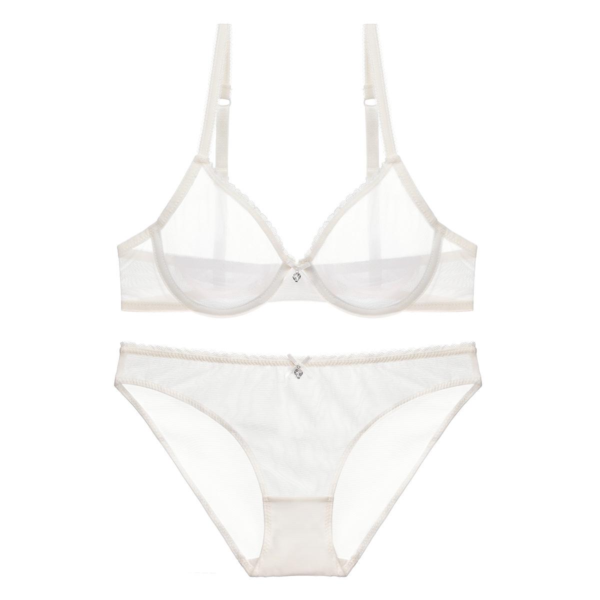 Französisch Ultra Dünne Dessous Set Sexy Mesh Transparent Bh Set Frauen Spitze Unterwäsche Sommer Atmungsaktive Bralette Weibliche Dessous 90C weiß