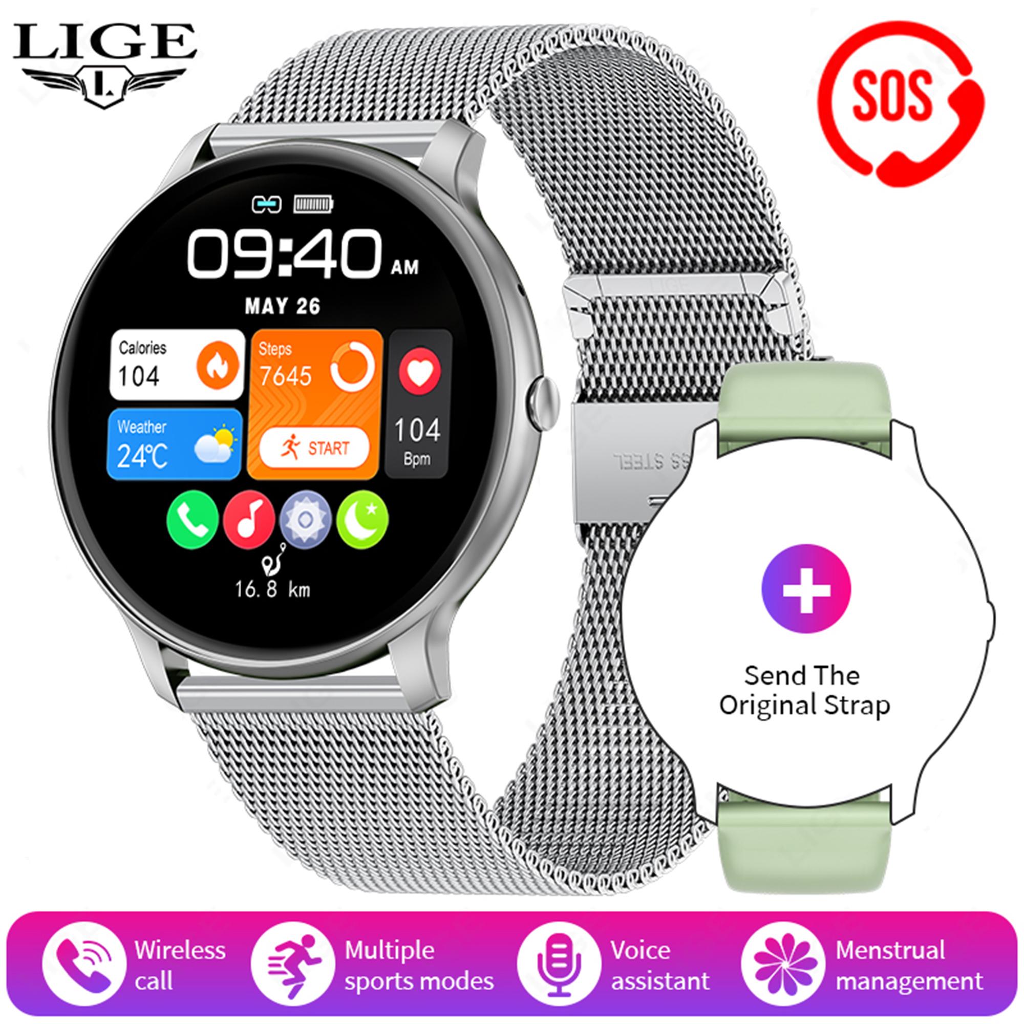 LIGE Smartwatch, Bluetooth-Anruf, Sprachassistent, wasserdichte Smartwatch, Outdoor-Übungen, Fitness-Armband, geeignet für Android IOS mesh belt silber
