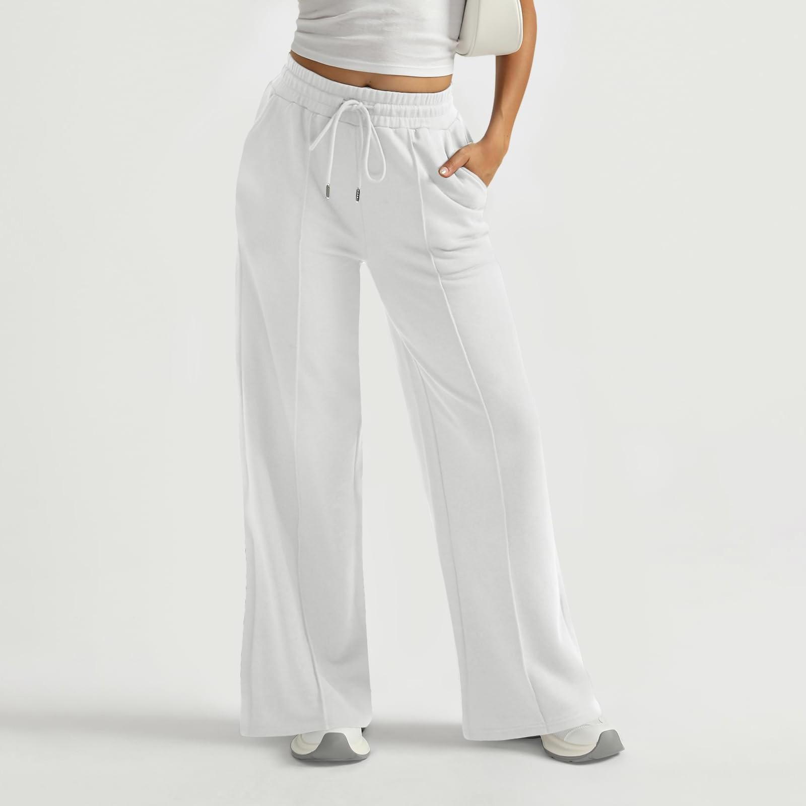 Damen Jogginghose mit weitem Bein, hohe Taille, Baggy-Schlaghose, Kordelzug, sportliche Jogginghose, Herbst-Winter-Jogginghose, Workout L weiß
