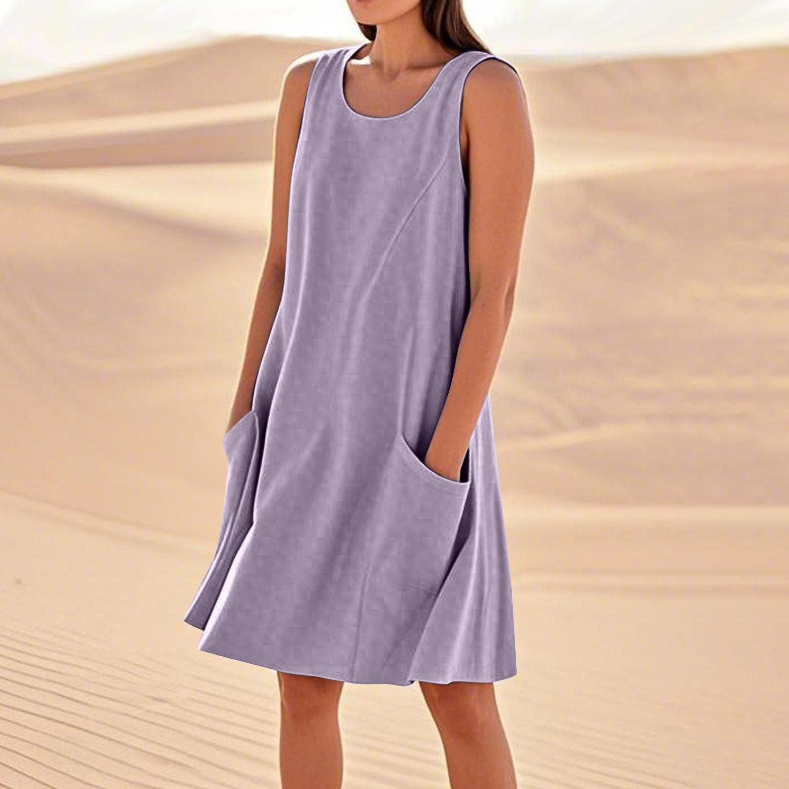 Sommerkleider für Damen, lockerer Strandurlaub, lässig, ärmellos, Sommerkleider mit Taschen, Tankkleid M gray