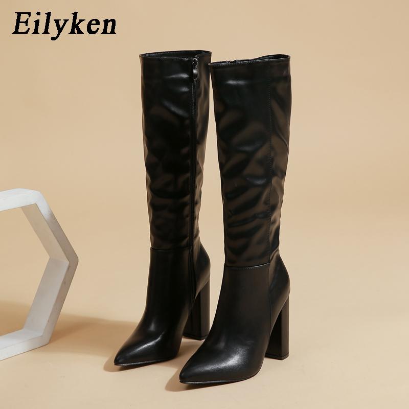 Eilyken Mode Frauen Kniehohe Stiefel Spitz Zipper Chunky High Heels Schuhe Herbst Winter Weibliche Lange Stiefel Schuhe Schuhe 35 schwarz
