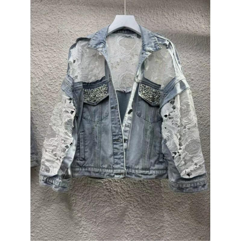 Damen Frühlings- und Herbst-Locker Kurz Denim Jacke Langarm Design Spitze Jacke M
