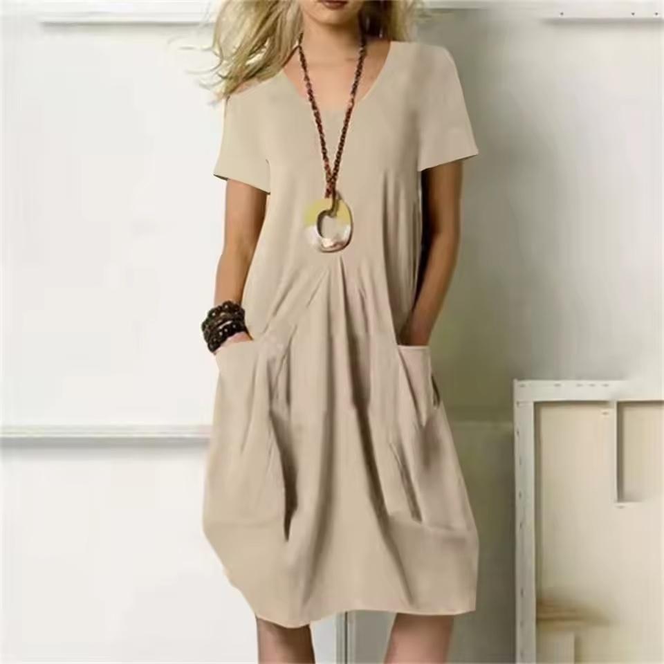 Einfarbiges Freizeitkleid für Damen, übergroß, O-Ausschnitt, kurzärmelig, Kleider mit Tasche, Alltagskleidung, Übergröße, modisches Sommerkleid für Damen 3XL khaki