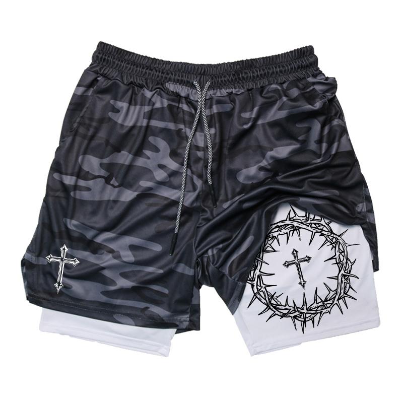 Kreuz-Print 2-in-1 Trainings-Laufshorts für Herren Christliche Fitnessstudio-Performance-Shorts mit Handytasche Handtuchschlaufe Sportliche Outfits XL orange