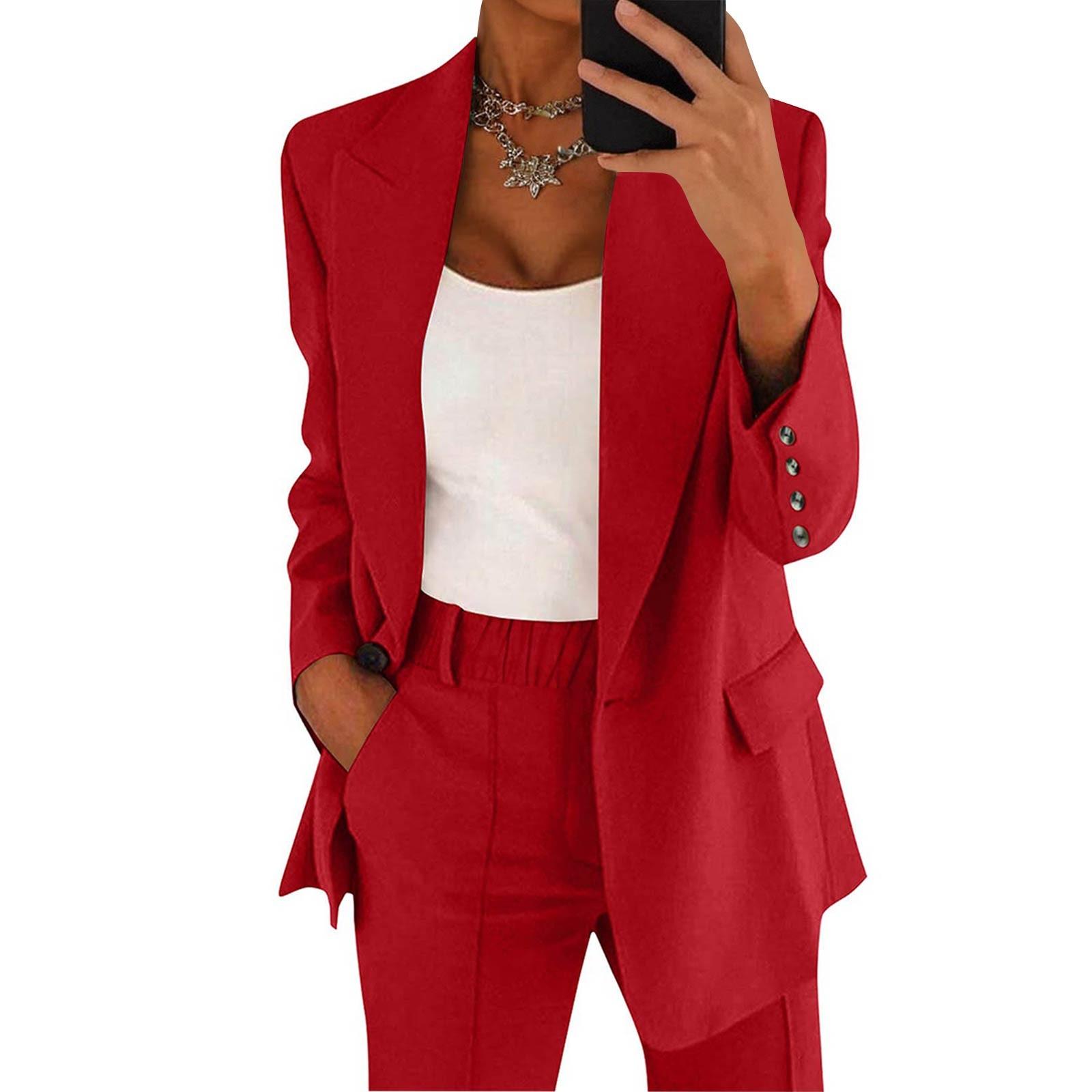 Frauen Casual Langarm Einfarbig Revers Strickjacke Anzug Jacke Hosen Anzug XXXXL rot