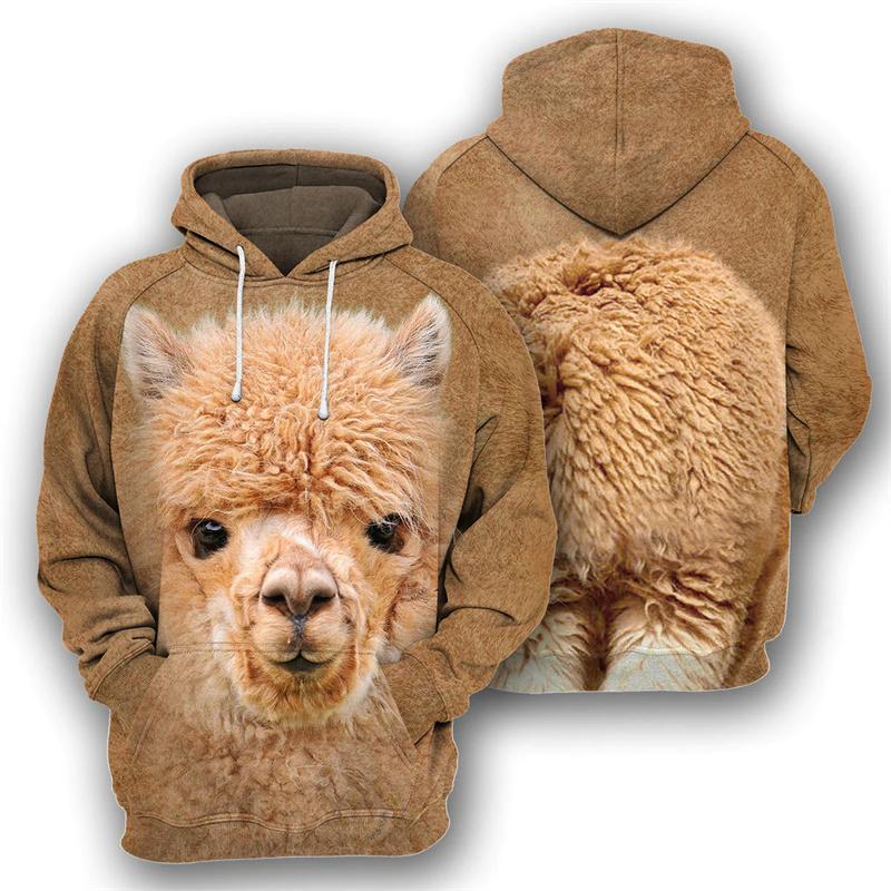 Tier Schaf Alpaka Pferd 3D-Druck Hoodies Herren Damen Oversized Hoodie Pullover Kapuzen-Sweatshirts Trainingsanzug Mäntel Kinderbekleidung 5XL beige
