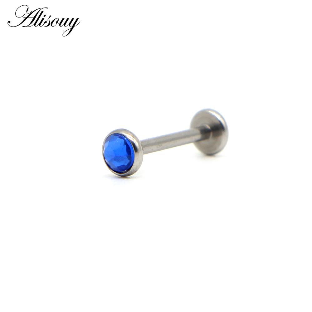 Alisouy 1PC Knorpel Edelstahl Ohrring Flache Edelstein Kristall 16G Labret Lippe Piercing Tragus Ringe Helix Ohr stud Körper schmuck Deep Blue silber