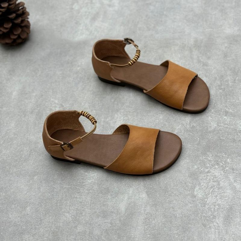 Handgefertigte Sandalen aus echtem Leder mit einem Riemen, flache Sommerschuhe mit offener Spitze, weiche Damensandalen aus Rindsleder 39 braun